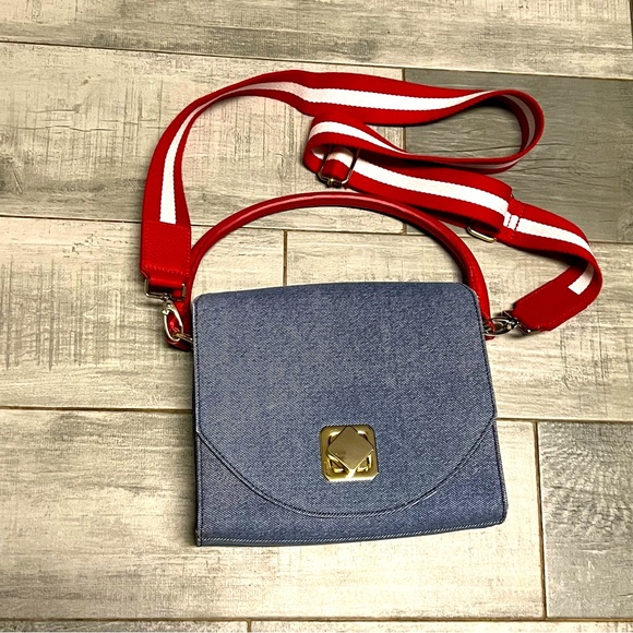 Talbots Handbags - NEW Talbots Denim Square Red Top Handle Rolled Leather Crossbody Strap Bag